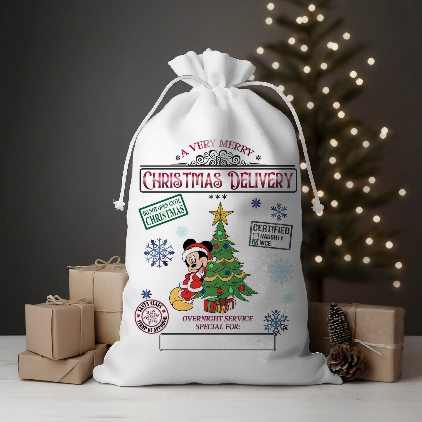 Delivery Boy Mouse Snowflakes Santa Sack