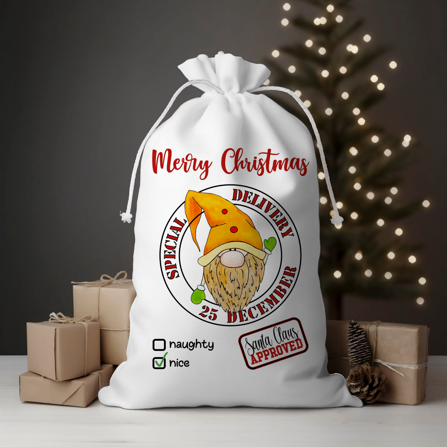 Delivery Gnome Yellow Santa Sack